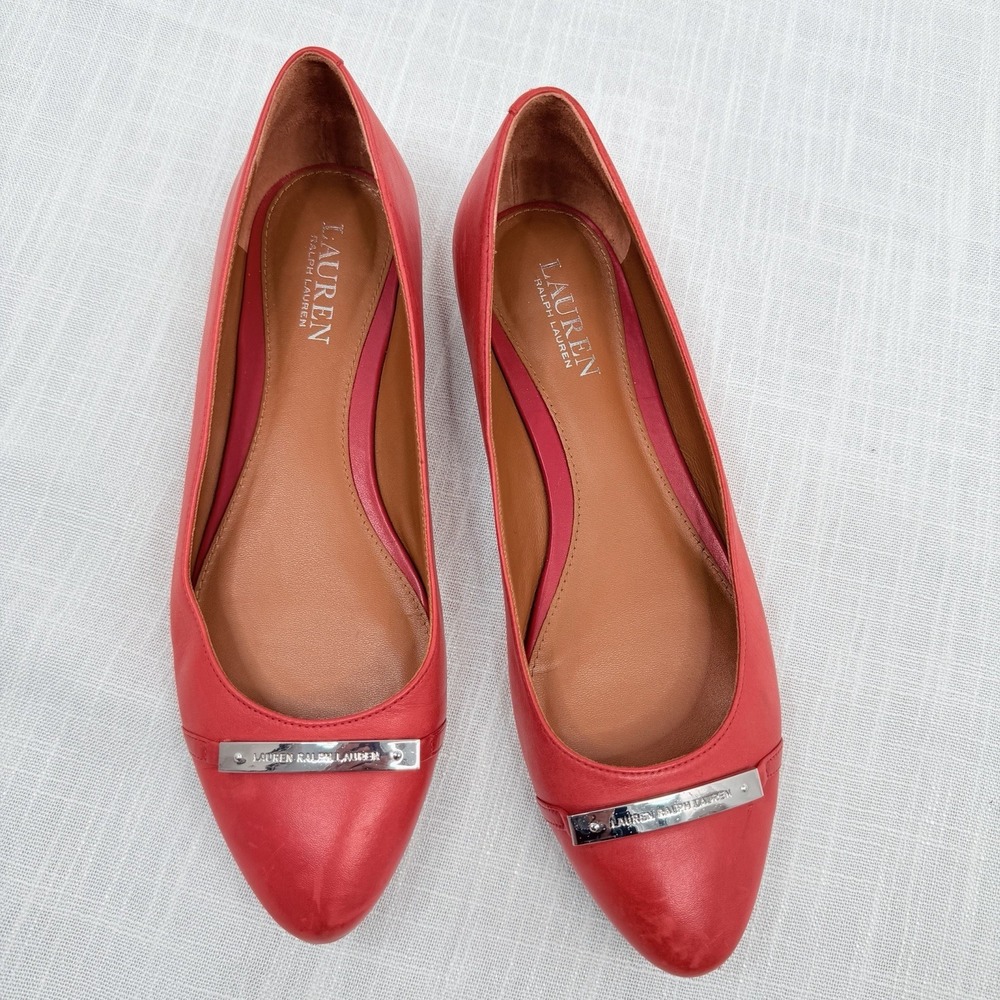 Lauren Ralph Lauren Red Leather Ballet Flats Silver Hardware Metal Plaque SZ 9B